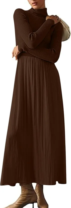 Womens Long Sleeve Maxi Dress Turtleneck Maxi Sweater Dress Slim Fit Patchwork High Waist Flowy Long Dresses