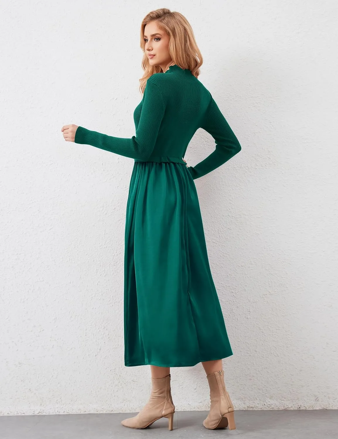 Womens Long Sleeve Maxi Dress Turtleneck Maxi Sweater Dress Slim Fit Patchwork High Waist Flowy Long Dresses