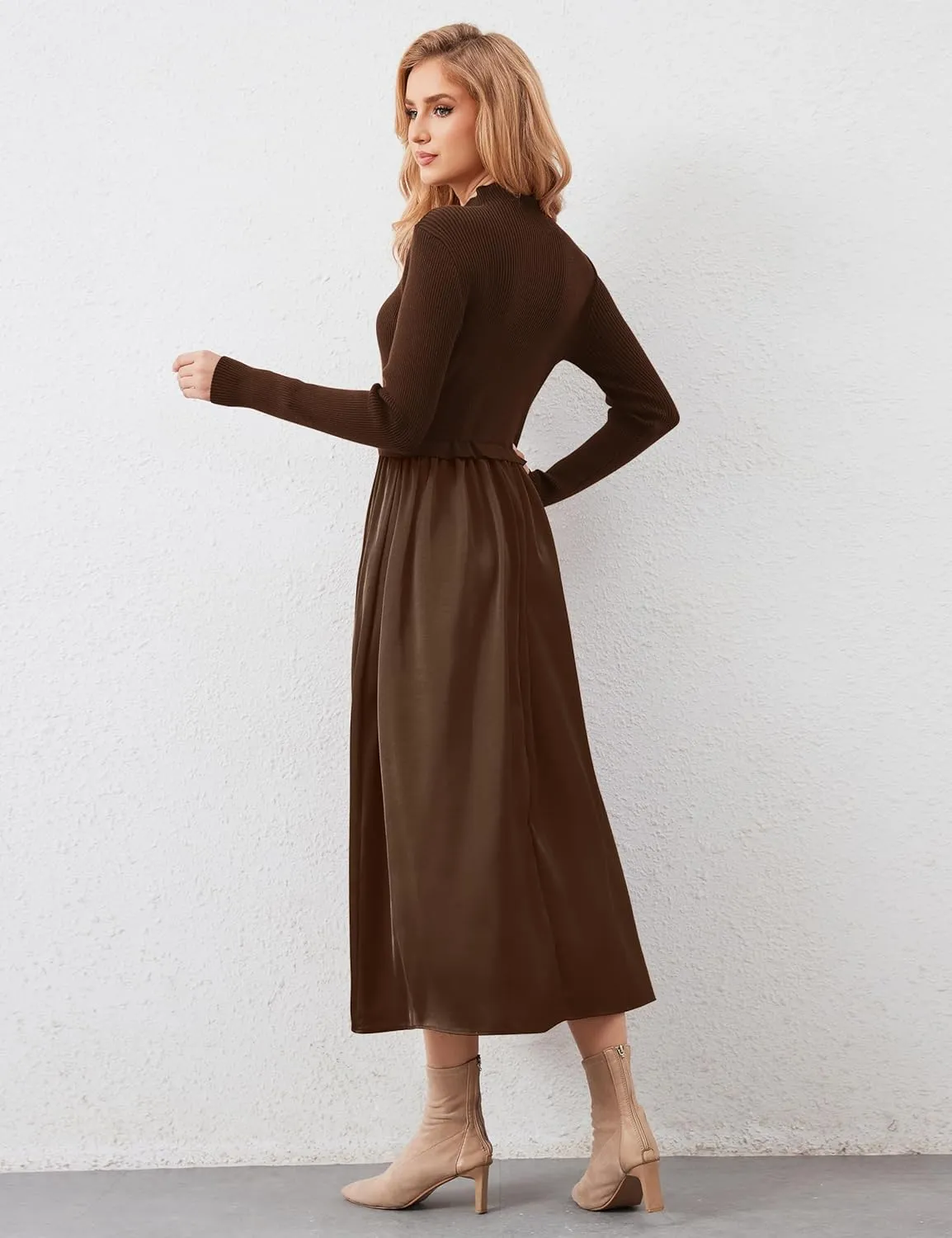 Womens Long Sleeve Maxi Dress Turtleneck Maxi Sweater Dress Slim Fit Patchwork High Waist Flowy Long Dresses