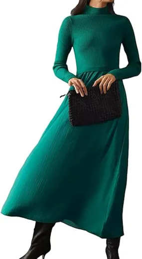Womens Long Sleeve Maxi Dress Turtleneck Maxi Sweater Dress Slim Fit Patchwork High Waist Flowy Long Dresses
