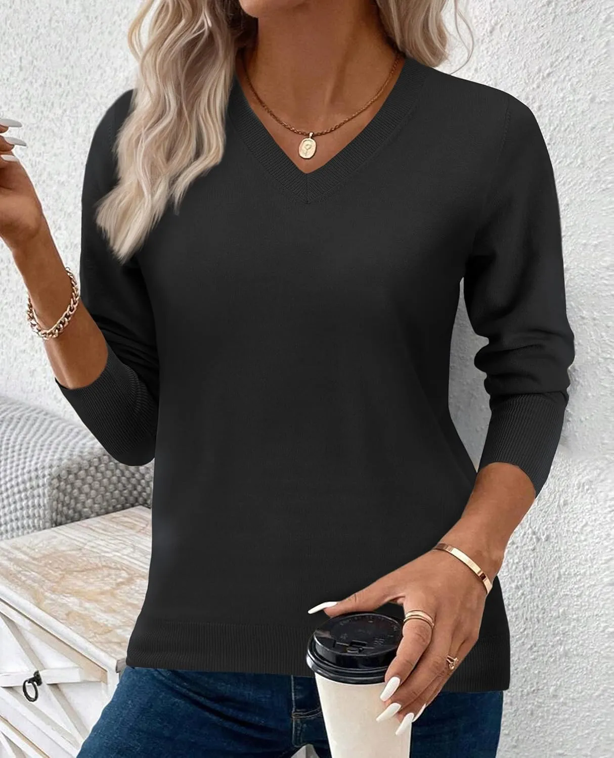Women's Spring Sweaters 2025 Casual Thin Long Sleeve Pullover V Neck Lightweight Sweatshirts Cute Blouse Tops