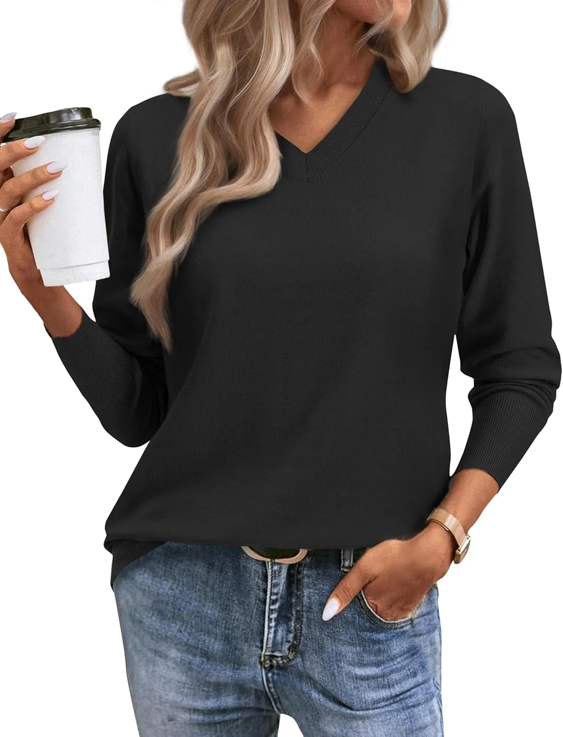 Women's Spring Sweaters 2025 Casual Thin Long Sleeve Pullover V Neck Lightweight Sweatshirts Cute Blouse Tops