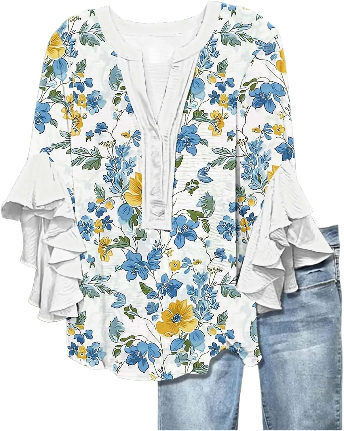 Women's Tops 3/4 Length Sleeves Floral Shirts Flowy Ruffle Sleeve Tops Half Button Down Shirt Summer V Neck Blouses