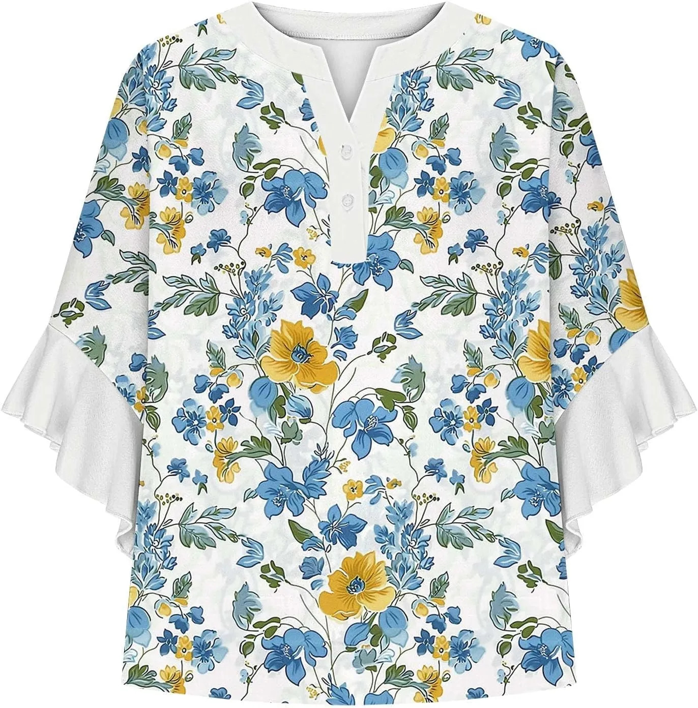 Women's Tops 3/4 Length Sleeves Floral Shirts Flowy Ruffle Sleeve Tops Half Button Down Shirt Summer V Neck Blouses