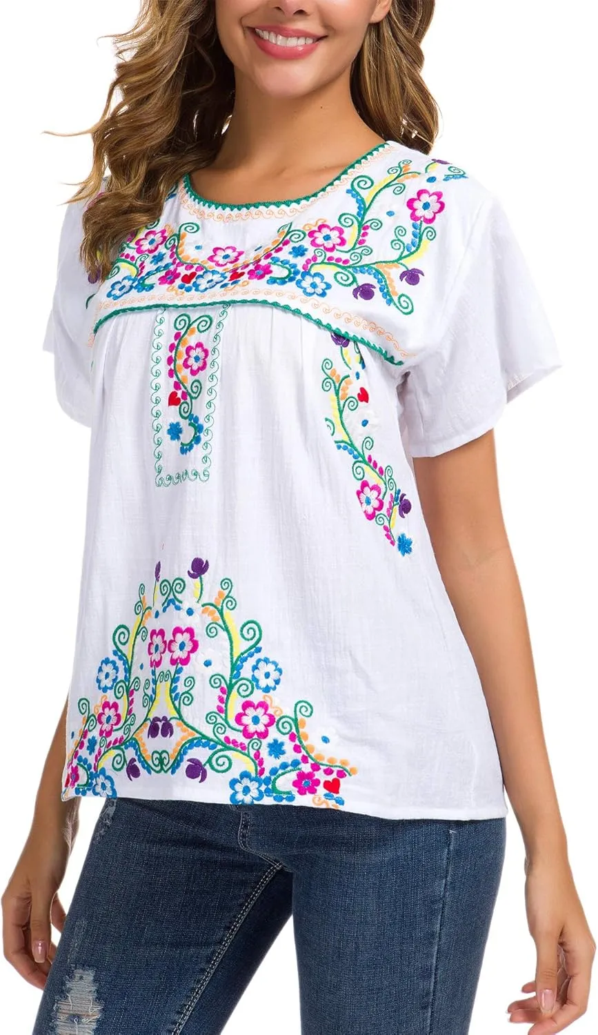 YZXDORWJ Women's Embroidered Mexican Peasant Blouse Mexico Summer Shirt Short Sleeve