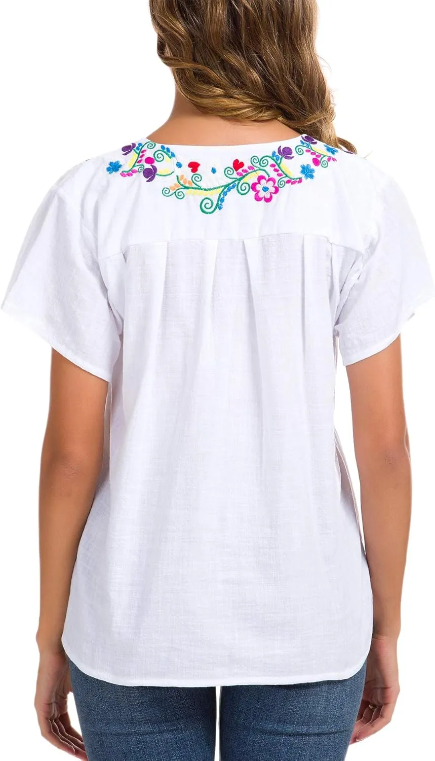 YZXDORWJ Women's Embroidered Mexican Peasant Blouse Mexico Summer Shirt Short Sleeve