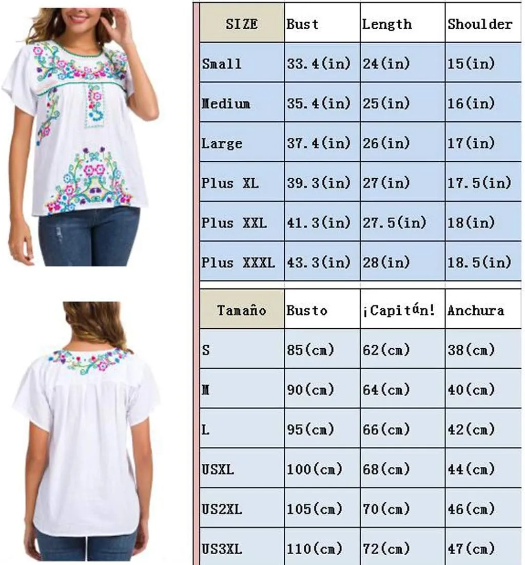 YZXDORWJ Women's Embroidered Mexican Peasant Blouse Mexico Summer Shirt Short Sleeve