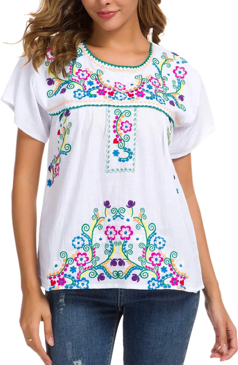 YZXDORWJ Women's Embroidered Mexican Peasant Blouse Mexico Summer Shirt Short Sleeve