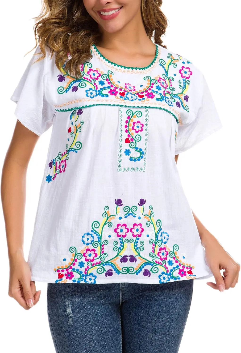 YZXDORWJ Women's Embroidered Mexican Peasant Blouse Mexico Summer Shirt Short Sleeve