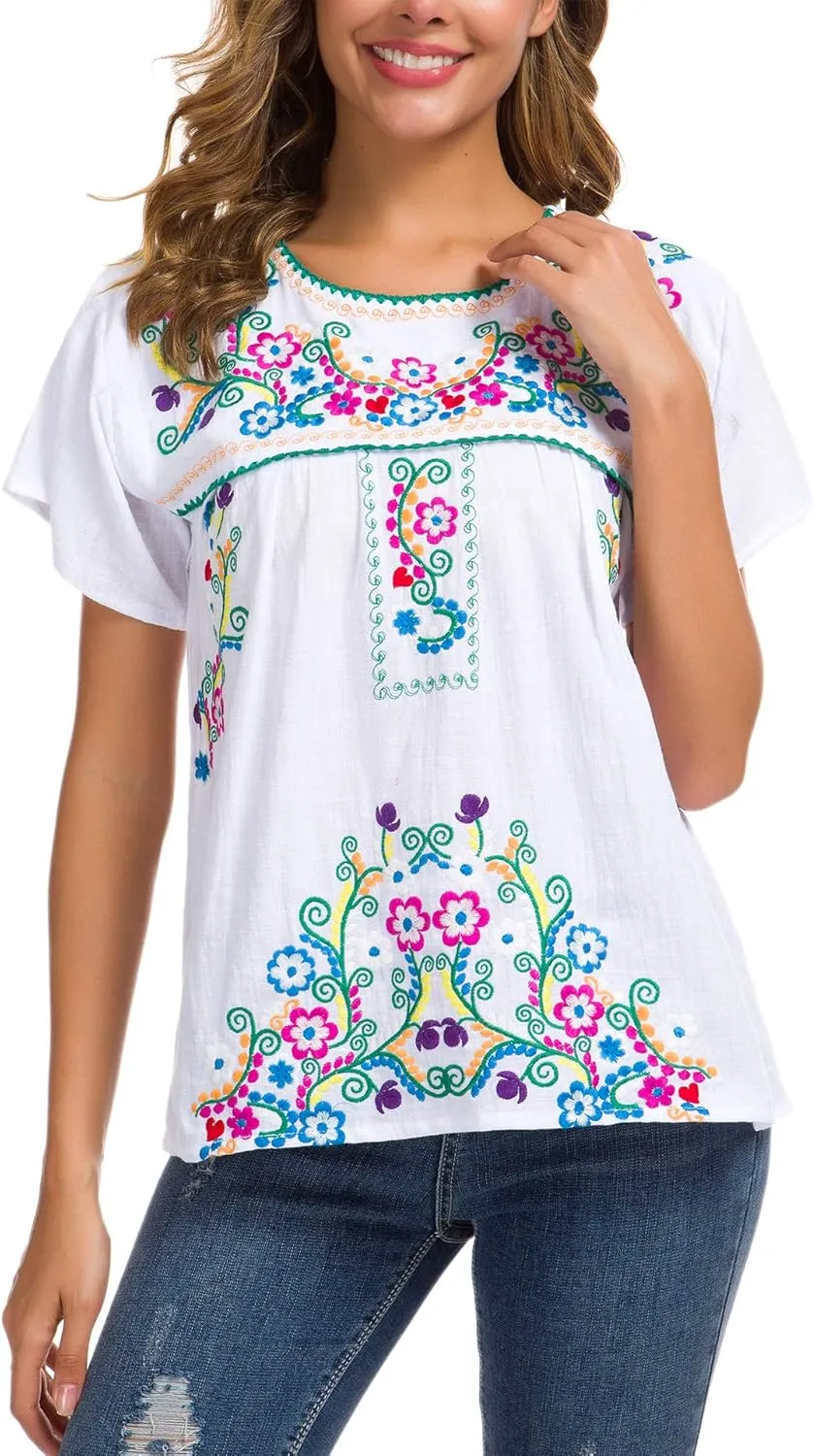 YZXDORWJ Women's Embroidered Mexican Peasant Blouse Mexico Summer Shirt Short Sleeve