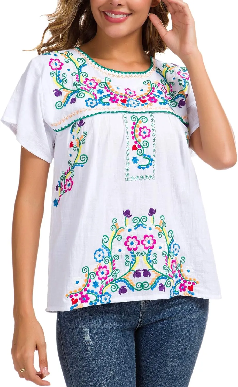 YZXDORWJ Women's Embroidered Mexican Peasant Blouse Mexico Summer Shirt Short Sleeve