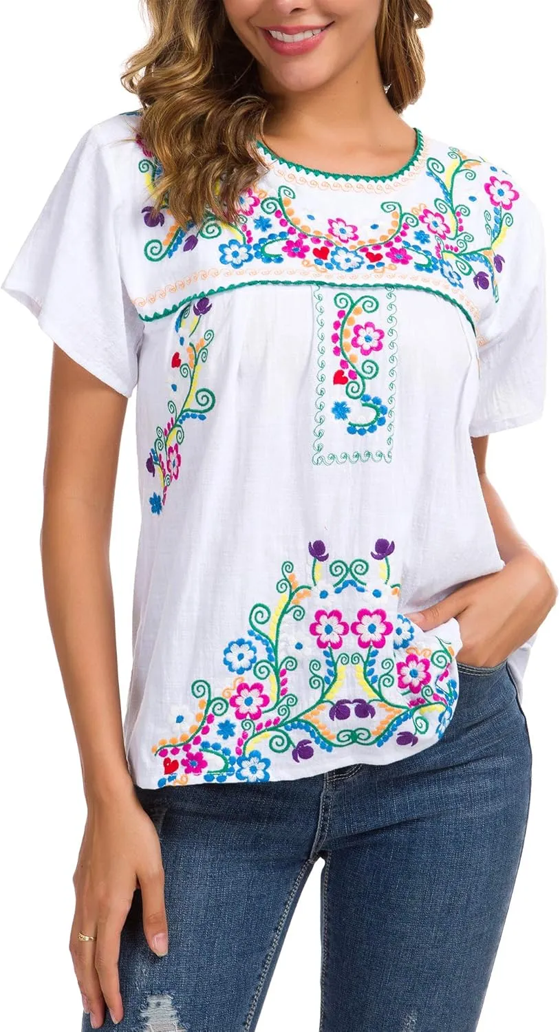 YZXDORWJ Women's Embroidered Mexican Peasant Blouse Mexico Summer Shirt Short Sleeve